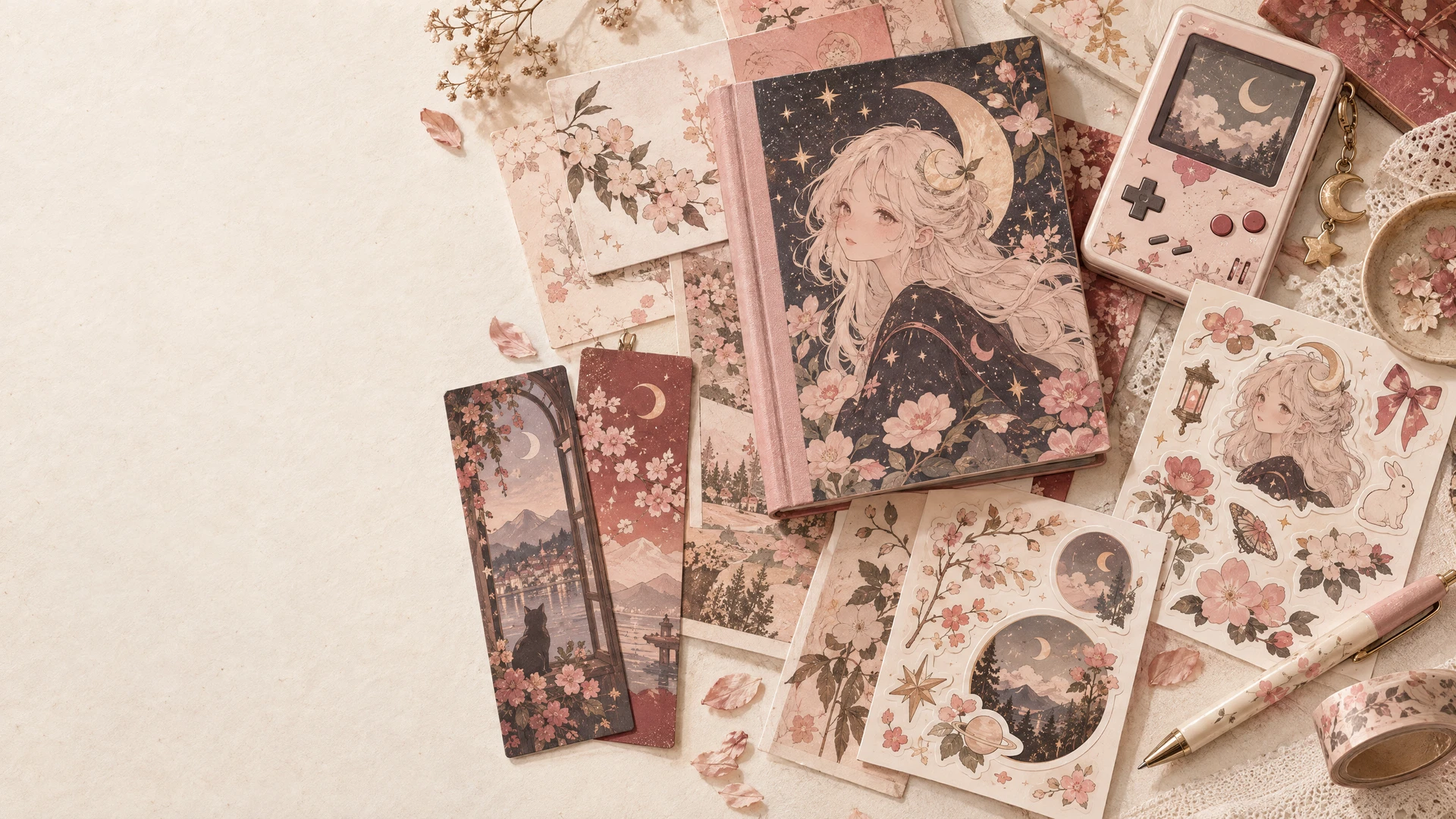 Anime-inspired stationery collage